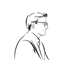 Illustration of a man with glasses in profile wearing a shirt and jacket in black and white minimalist style