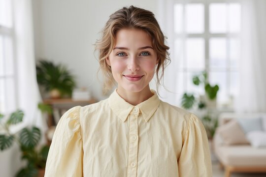 A woman in a yellow blouse smiles at the camera