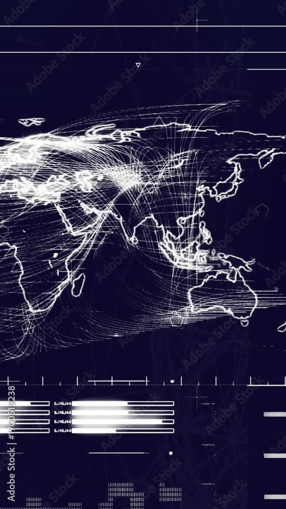 Poster animation of data processing with world map on black background