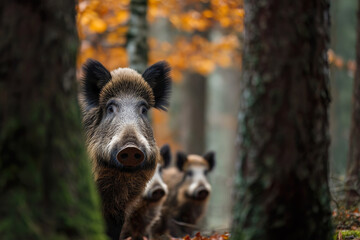 Wild boars hiding between trees in forest
