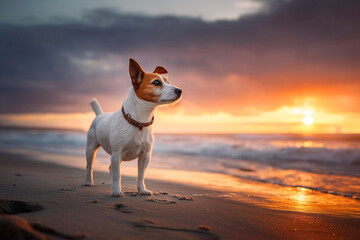 Young Jack Russell Terrier dog on tropical sea sandy evening beach