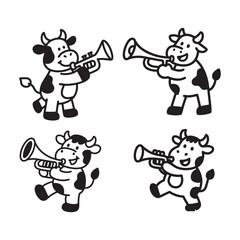 A set of Joyful Cow Playing Trumpet In Simple Black Line Art..