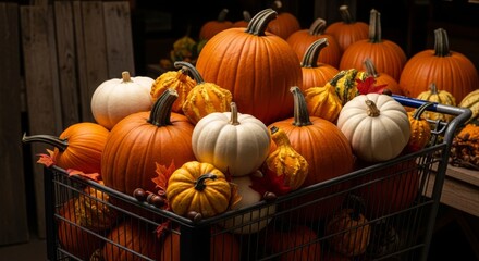 Assortment of Fresh Pumpkins and Gourds in a Cart for Autumn Season.