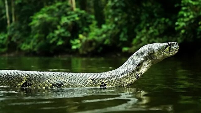 Green anaconda gliding through murky water in its natural Amazon habitat.