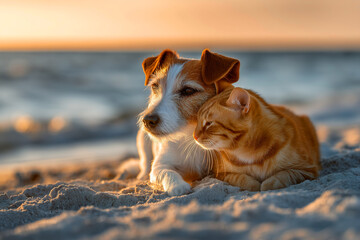 Friendly caresses of cat and dog on sandy seashore