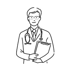 Fototapeta premium Line drawing of a doctor with glasses wearing a stethoscope and holding a clipboard in black and white