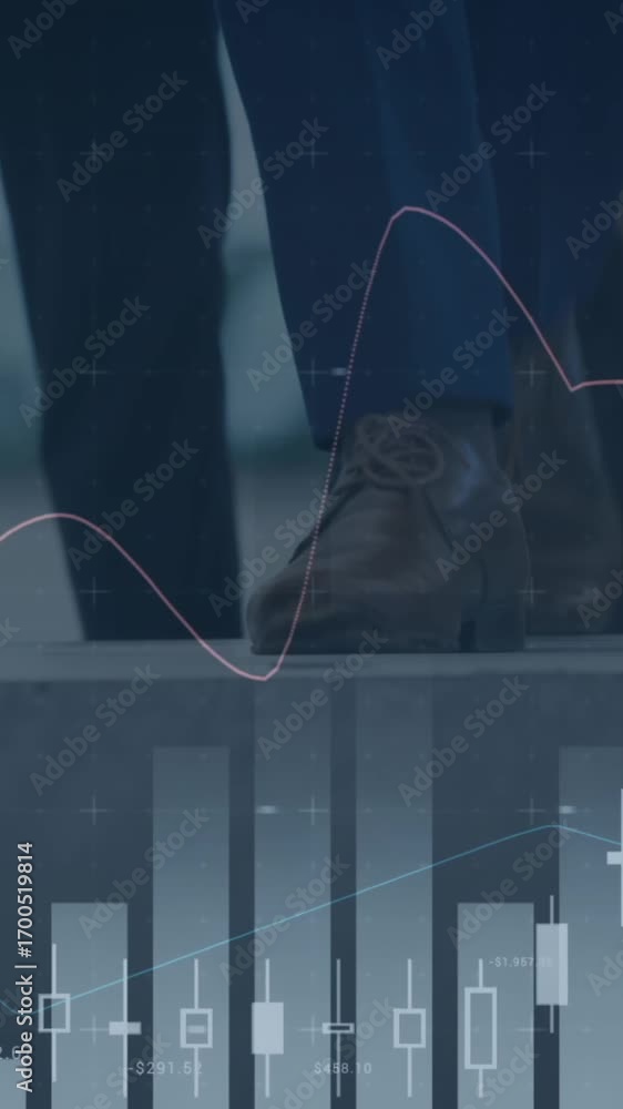 Poster animation of financial data processing over business people using escalator in office