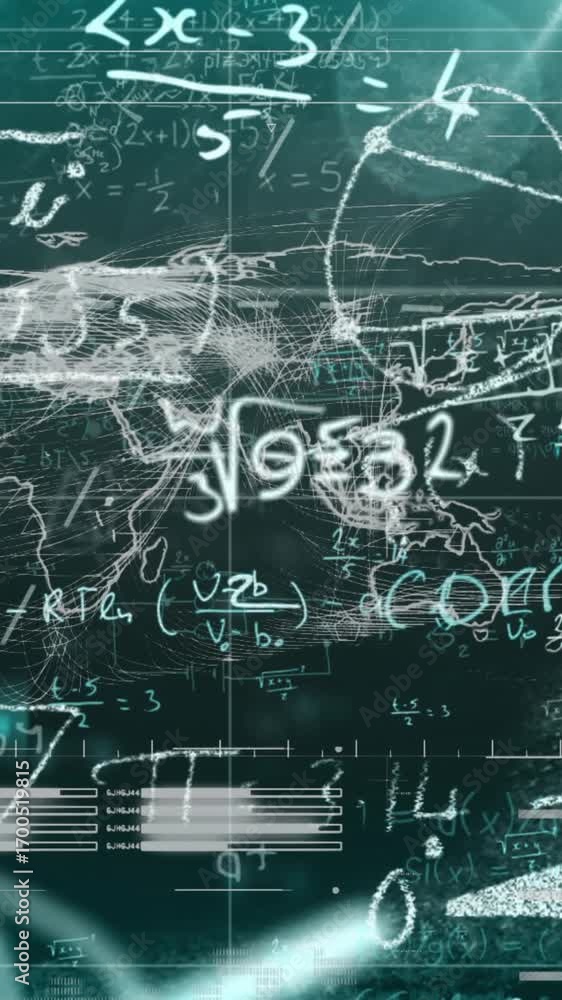 Poster animation of data processing and data processing with mathematical equations on black background
