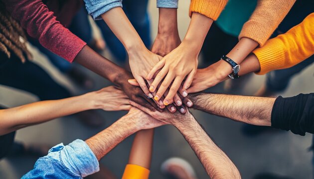 A high-angle, close-up shot shows multiple hands of various skin tones layered on top of each other, symbolizing teamwork and collaboration. - Powered by Adobe