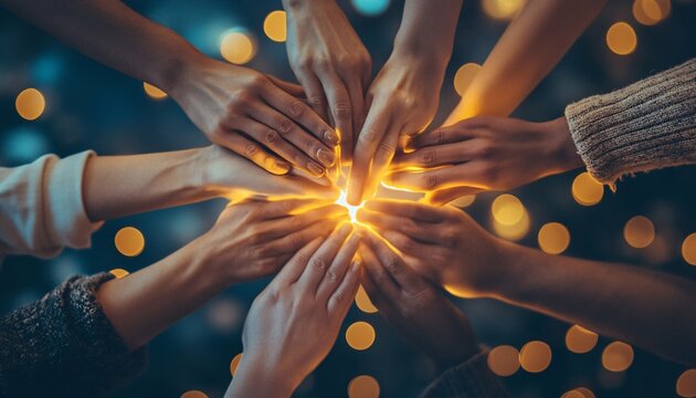 Several people join hands together, forming a circle and emitting a bright light in the center.