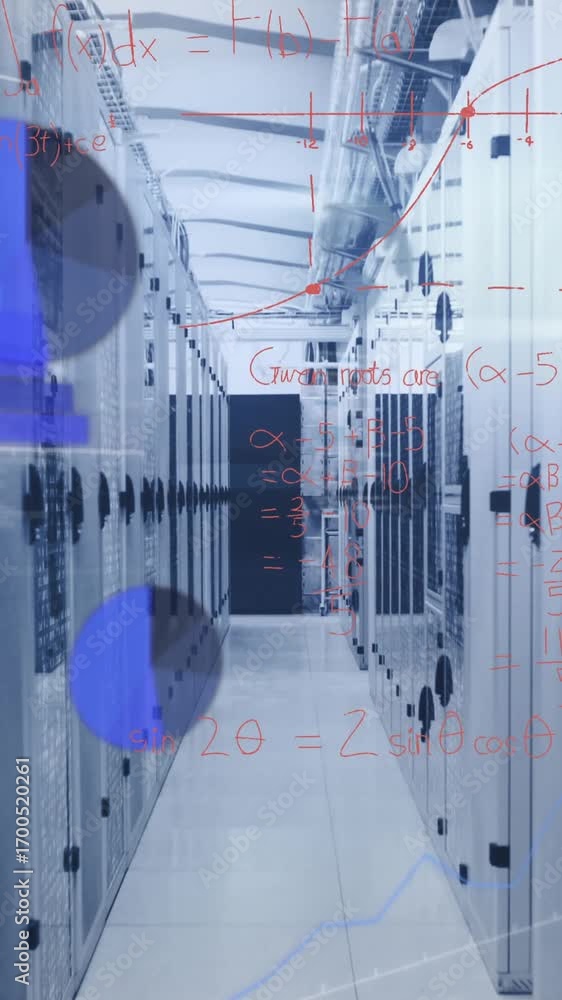 Poster animation of mathematical equations and data processing over server room