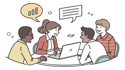 A diverse group of four colleagues in a business meeting, collaborating and discussing ideas with a laptop and data charts.