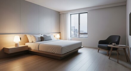 Modern Hotel Bedroom Interior Design with King Bed and Armchair.
