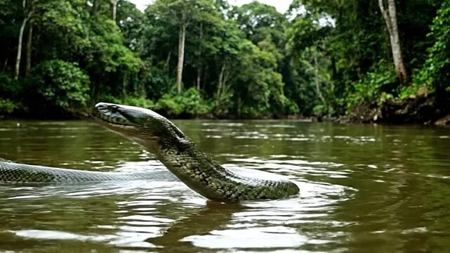 Large anaconda swimming in a tropical river with lush green jungle in the background.