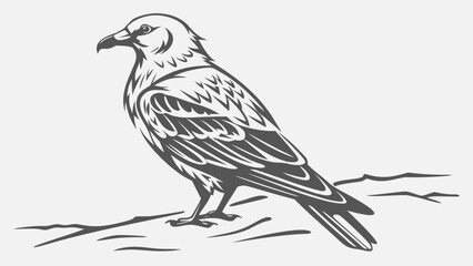 Detailed monochrome illustration of a bird of prey standing on a branch.