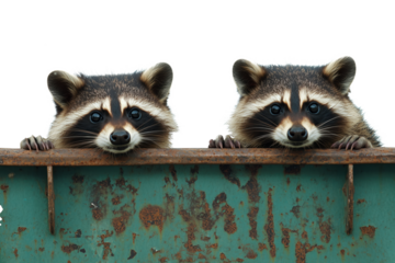 Two raccoons peeking out of a worn green metal trash bin, curious expressions, isolated on a transparent background.