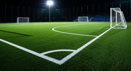 Illuminated Soccer Field at Night Ready for Play.