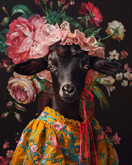 A whimsical goat dressed in vintage embroidered dress and lace bonnet surrounded by artistic flower background