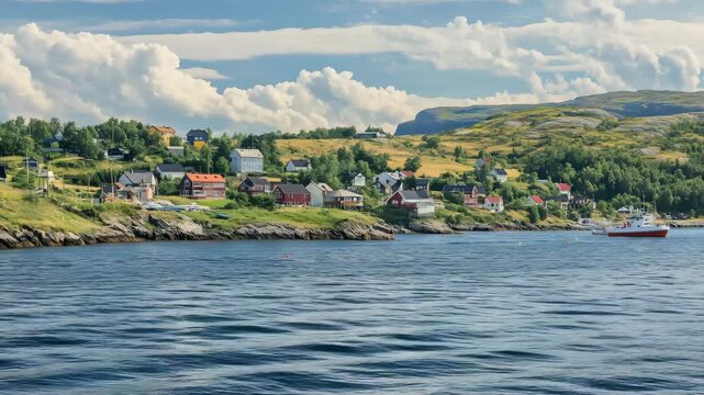 Panoramic shot of the coastal cliffs and fishing villages of the Helgeland coastline, Norway 