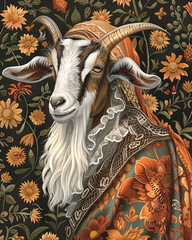 A goat in lace bonnet and embroidered dress standing peacefully in delicate floral art setting