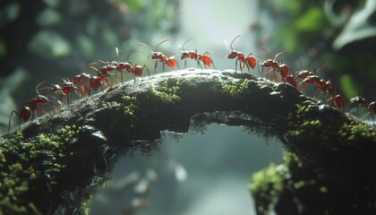 A group of red ants are moving in a single file line across a mossy, dark log that forms a small bridge over water.