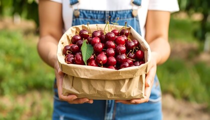 Woman holding a paper box of cherries