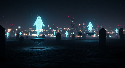 Digitally rendered scene of a graveyard at night, featuring glowing spectral figures.