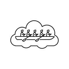 A line drawing of a rowing team with four people in a boat inside of a cloud shape on a white background