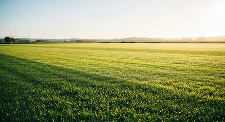 Vast Green Field Bathed in Golden Hour Sunlight.