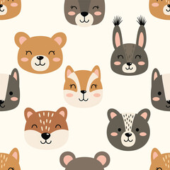 Charming animal faces seamless pattern in vector graphic design for kids decor, patern seamless, Stock royalty free.
