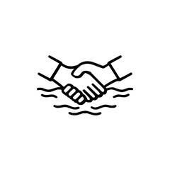 Obraz premium Illustration of a handshake above wavy lines depicting water in a simple black and white line drawing style