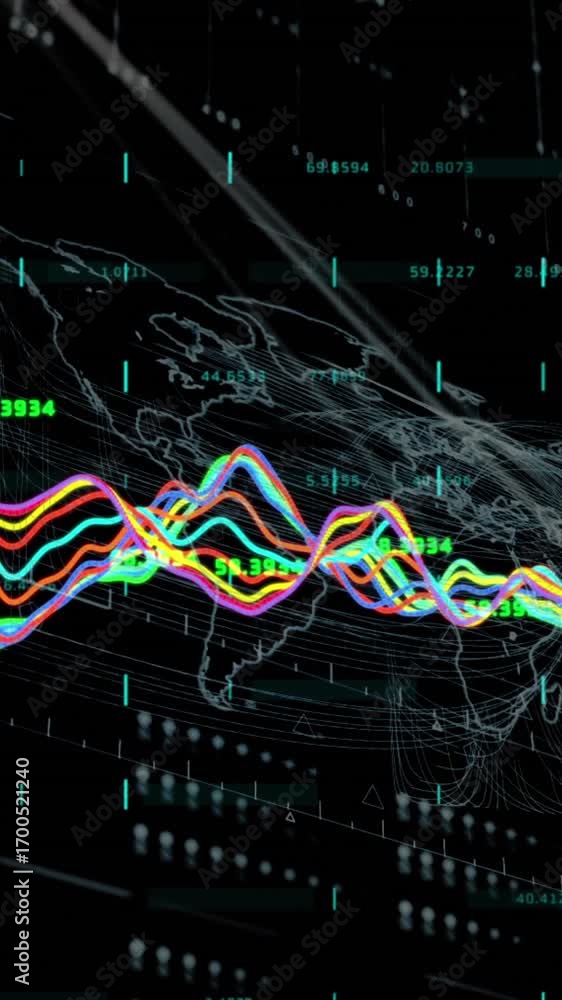 Aufkleber animation of multicolored graphs, bars and abstract pattern over black background