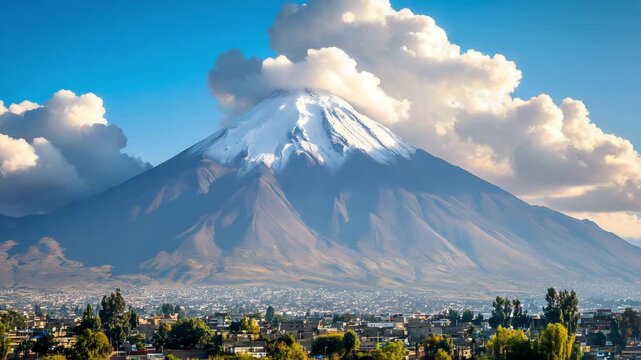 Expansive view of the volcanic peaks around Arequipa with dramatic clouds 
