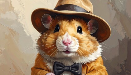 A charming hamster wearing a stylish hat and bow tie, showcasing a joyful expression against a neutral backdrop.