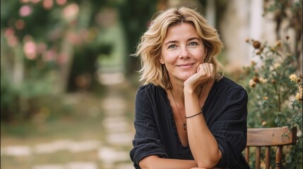 A woman sitting on a bench with her hand on her chin
