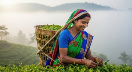 Smiling tea picker in vibrant sari harvesting tea leaves with a woven basket perfect for agricultural and cultural projects