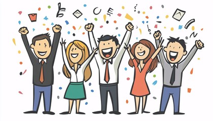 An illustration shows four cheerful businesspeople with arms raised, surrounded by colorful confetti, symbolizing achievement and success.