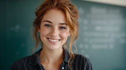 A young woman standing in front of a blackboard smiling