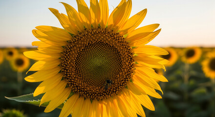 Naklejka premium Close-up of a radiant sunflower standing tall in a vast golden field under a warm, natural sky, symbolizing summer's vibrant beauty and agricultural abundance