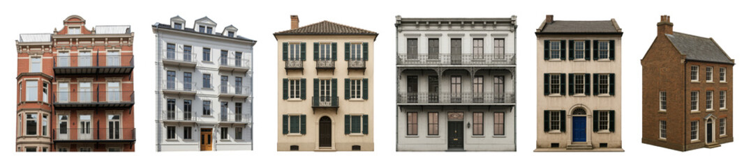 Obraz premium European building facade set including brick, stucco, and stone architecture isolated. Residential and urban design elements.