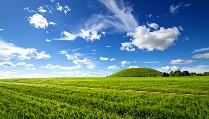 A vast expanse of verdant fields stretches out beneath a vibrant azure sky, dotted with fluffy white clouds, culminating in a gentle hill.