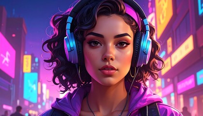 A captivating digital illustration of a young woman engrossed in music, set against a vibrant, illuminated urban backdrop.