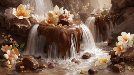 Chocolate waterfall a huge cascade of chocolate pourin