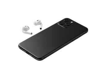 Sleek matte black smartphone angled at 45 degrees with minimalist white wireless earbuds, isolated on a clean transparent studio background. Concept of modern technological sophistication