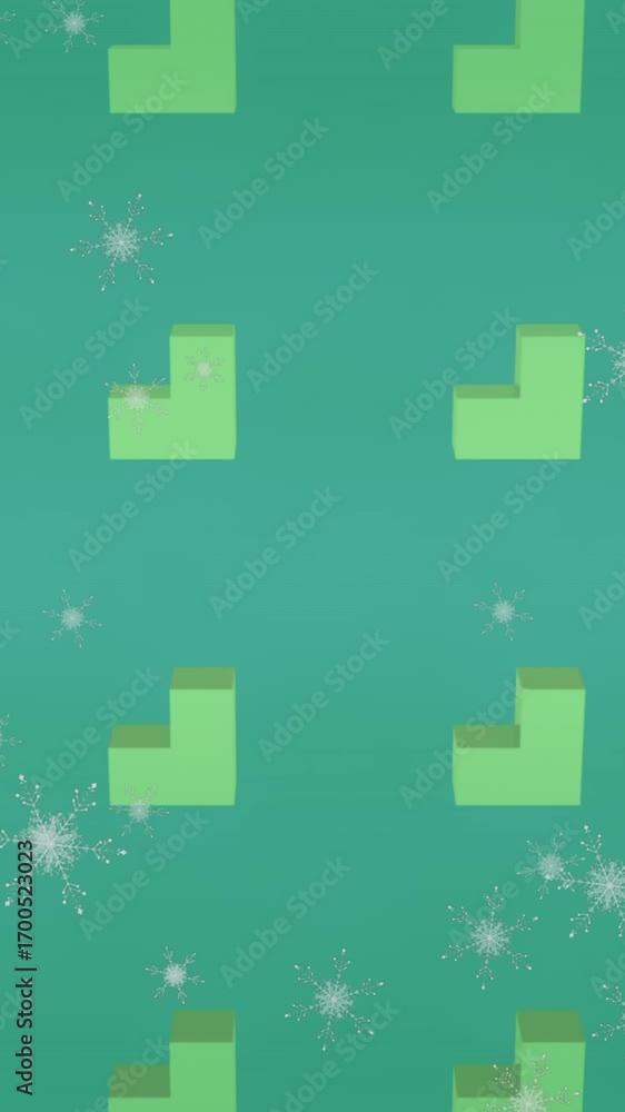 Poster animation of 3d shapes in seamless pattern over snowflakes falling against green background