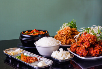 Korean food and Spicy korean chicken wings,jajangmyeon,bibimbap,oden,Samgyeopsal,delicious Korean traditional food.