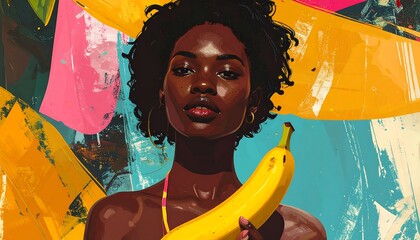 Woman holding banana, vibrant colors
