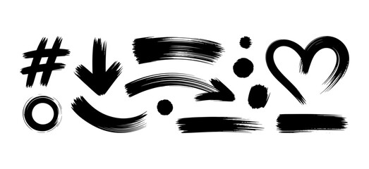 Collection of black grunge brush strokes arrows and symbols for design projects