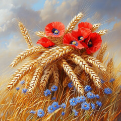 Summerfield colors: golden wheat ears, red poppies and blue cornflowers