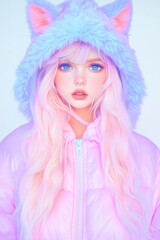 Naklejka premium Anime girl with blue eyes wearing a hood with white ears, stylized character illustration on a transparent background.